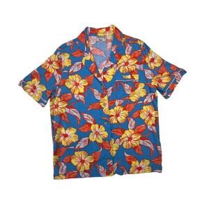 Faherty Linen Blend Floral Camp Shirt Blue Tropical Print Button Front Women’s 2